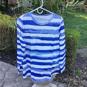 Women’s Blue and White Striped Top.Size Large. Polyester. Round Neck. NEW!